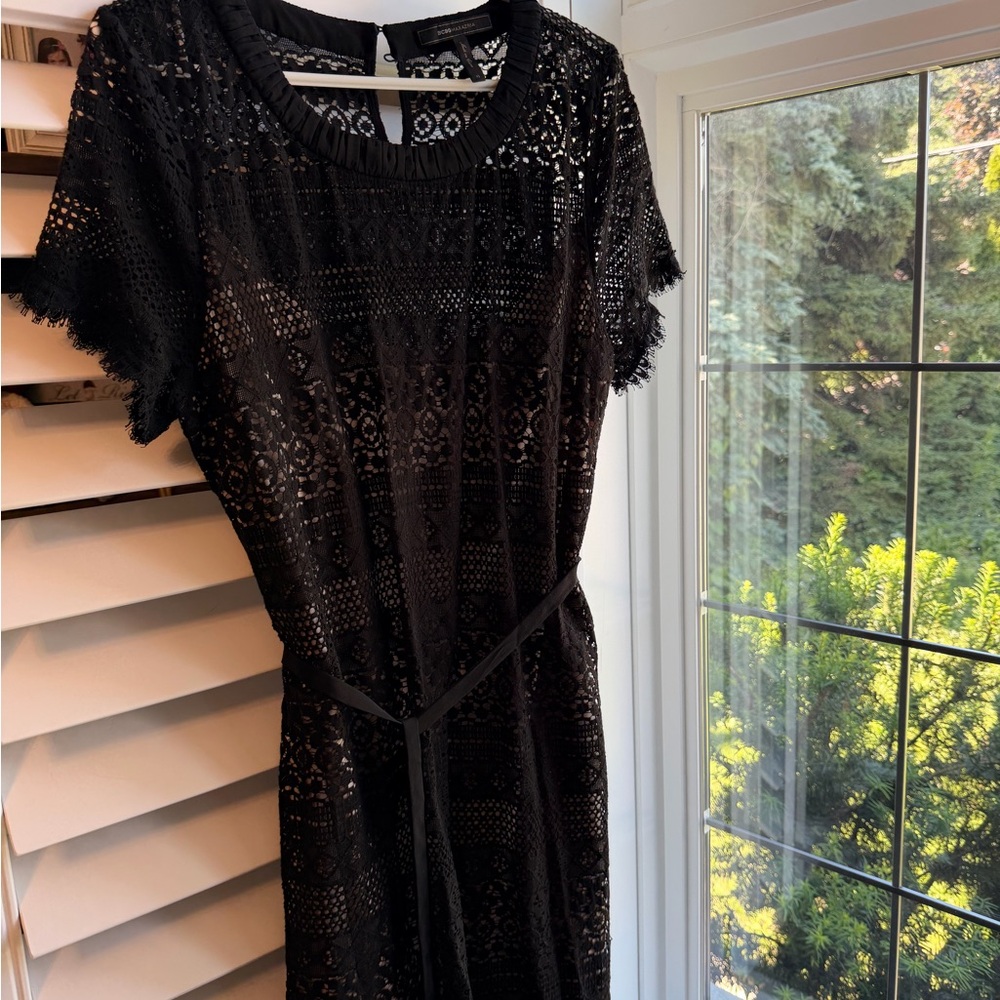 BCBGMaxAzria Black Lace Midi Dress with Tie Belt